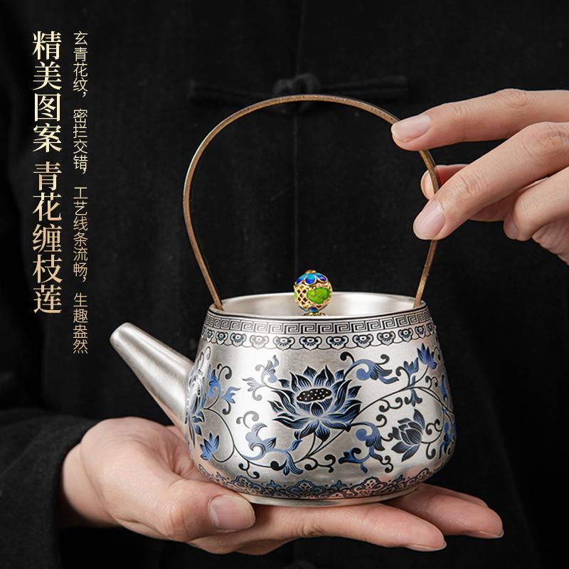 New Chinese-Style Silver Blue And White Twisted Branches Lotus Lifting Beam Pot Tea Set Large-Capacity Brewing Teapot Light Luxury Tea Set