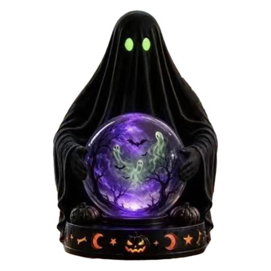 Unique Halloween Gift for Friends LED Lighted Faux Crystal Ball Decoration, Resin Witch/Skeleton/Cat/Ghost Figurine with Led Light