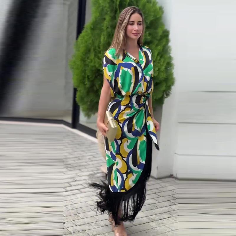 

2024 Summer European & American Bohemian-Style Print Tassel Long Dress Double Extra Large зелёный