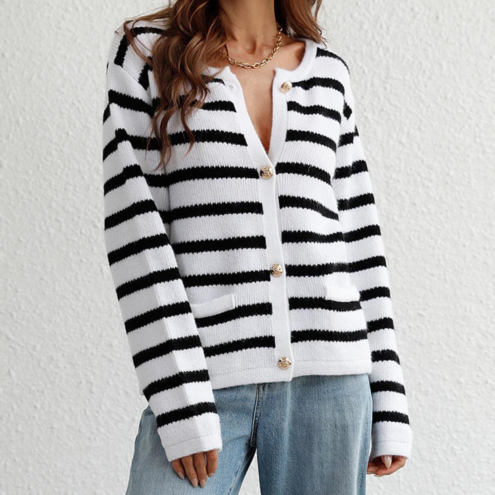 IHUASU Женский осенне-зимний полосатый модный свободный вязаный свитер однобортный кардиган свитер S белый