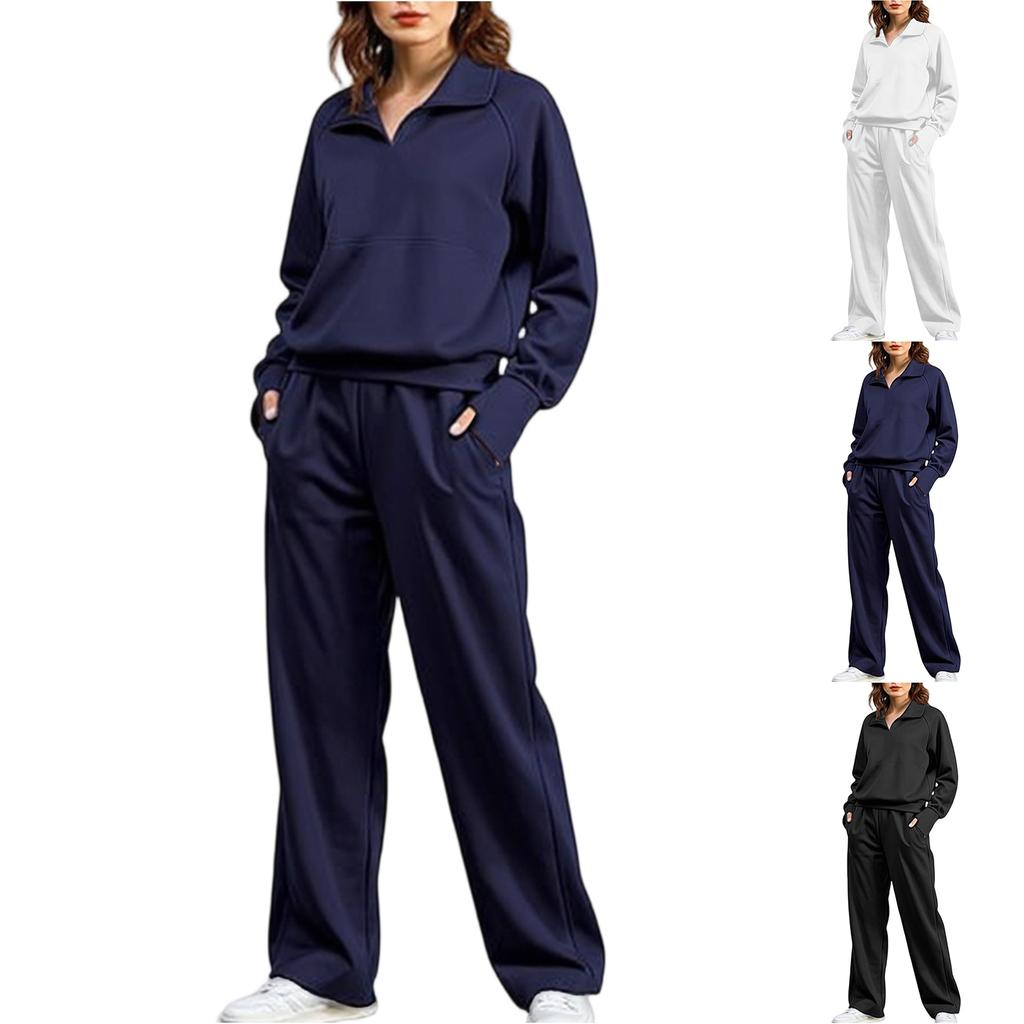 Women's 2-piece Set With Stand-up Collar, Half-zip Sportswear, Loose Sweatshirt, Fashionable Wide-leg Pants And Sweatpants Suit