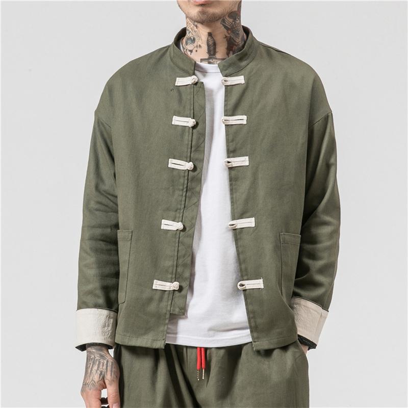Collar Buckle Jacket Oriental Cotton Kung Fu Shirt Men Casual Shirt Stand Collar Long Sleeve Tops Chinese Traditional Retro Coat