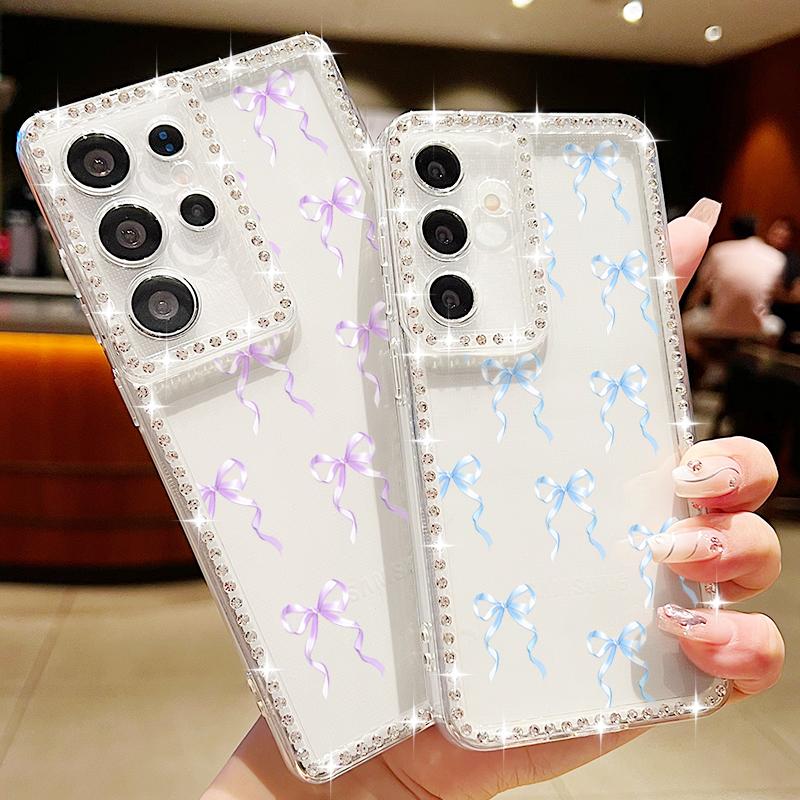 Diamantový měkký kryt s potiskem mašle pro Samsung Galaxy S25 Edge S24 S23 S22 Ultra S24 FE A56 A55 A54 A36 A35 A15 A16 A26 Kryt na telefon