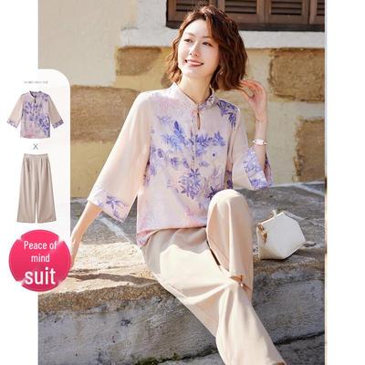 Pa Si Te Summer New Chinese Style Chiffon T-shirt & Pants Set