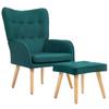 Armchair with Footrest Reading Armchair with High Tufted Backrest Wooden Legs and Linen Upholstery Dark Green