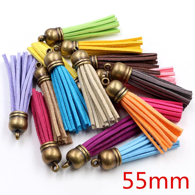10pcs 38mm 55mm length Suede Tassel For Keychain Cellphone Straps Jewelry Charms, Leather Tassels With Silver Plated Gold Caps