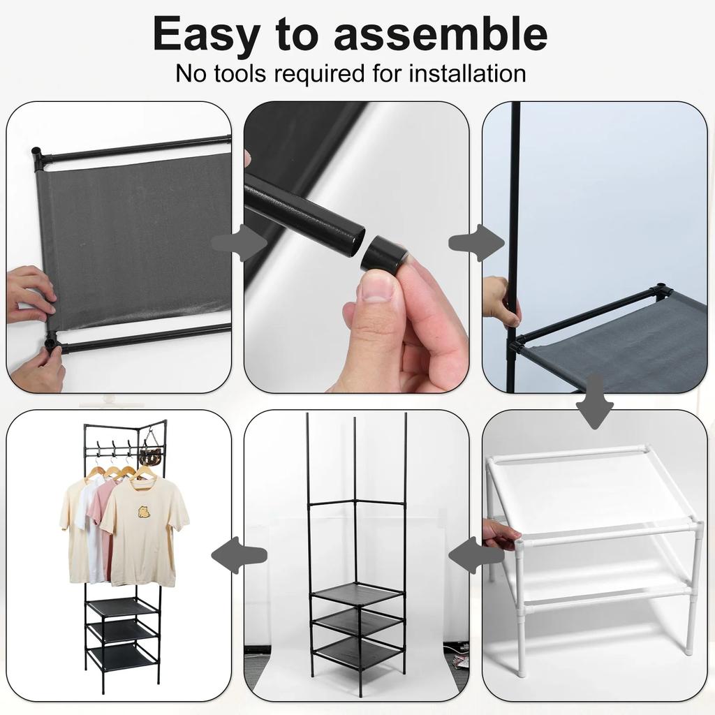 Rohový věšák na oblečení do ložnice Samostatný stojan na kabáty se 3patrovým botníkem, úložným prostorem a 10 pohyblivými háčky Kovový organizér