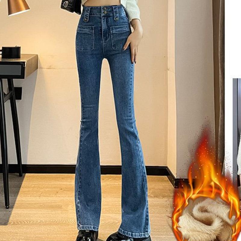 

Бархатные Утепленные Джинсы с Высокой Посадкой для Женщин Осень-Зима, Новый Стиль Облегающие и Стройнящие Маленькие Ретро Клеш Брюки в Пол XXL