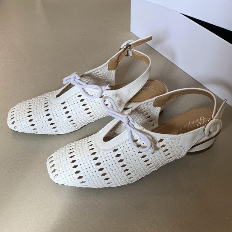 Fashion Retro Hollow Woven Low Heel Pumps Women Fashion Back Strap Buckle Mules Shoes Elegant Lace Up Brand Designer Shoes Zapatos Mujer