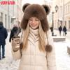 JERYAFUR Chapéu Ushanka Trapper Feminino com Orelhas de Gato, Quente e Fofo com Pom‑pom de Pele Sintética Grossa, Gorro de Inverno para Dias Frios e Nevados