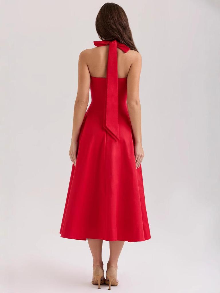 Elegant Retro Red Tie Halter Mid-Length Dress