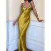 Fashion Silm Elegant Fancy Satin Sling Dress V Neck Hollow Out Strap Bare Back Slim Fit Long Dress Women