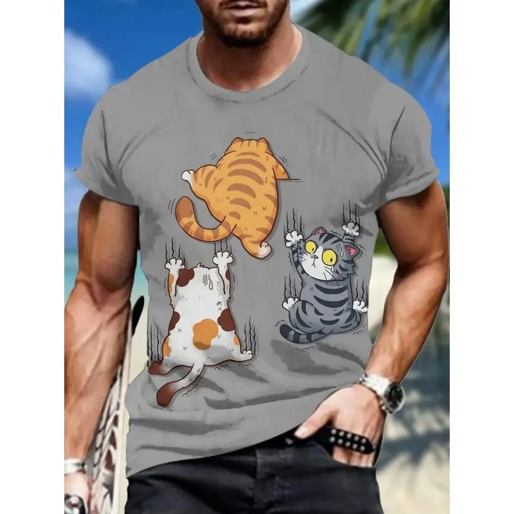 Fashionable Animal Cat Pattern Men's T-Shirt with 3D Print, Trendy, Stylish, Comfortable Short Sleeve Crew Neck Top