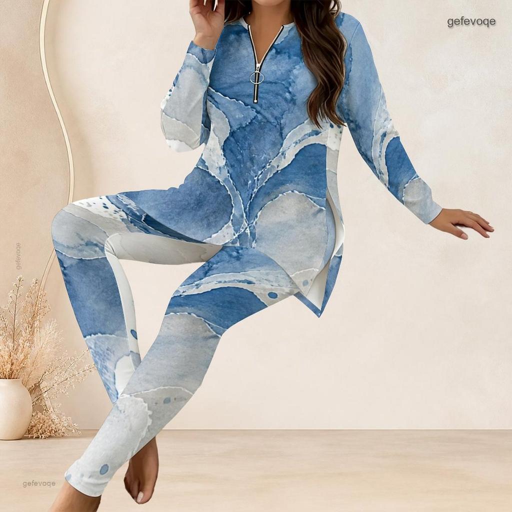 Women Plus Size Colorful Geometric Printed Half Zip Long Sleeve Long Top Fitted Pants Two Piece Set