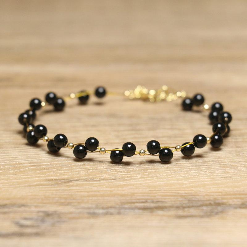 Black Onyx Double Strand Bead Bracelet – Gold Accent Dainty Jewelry, Protection Calm Gift for Women