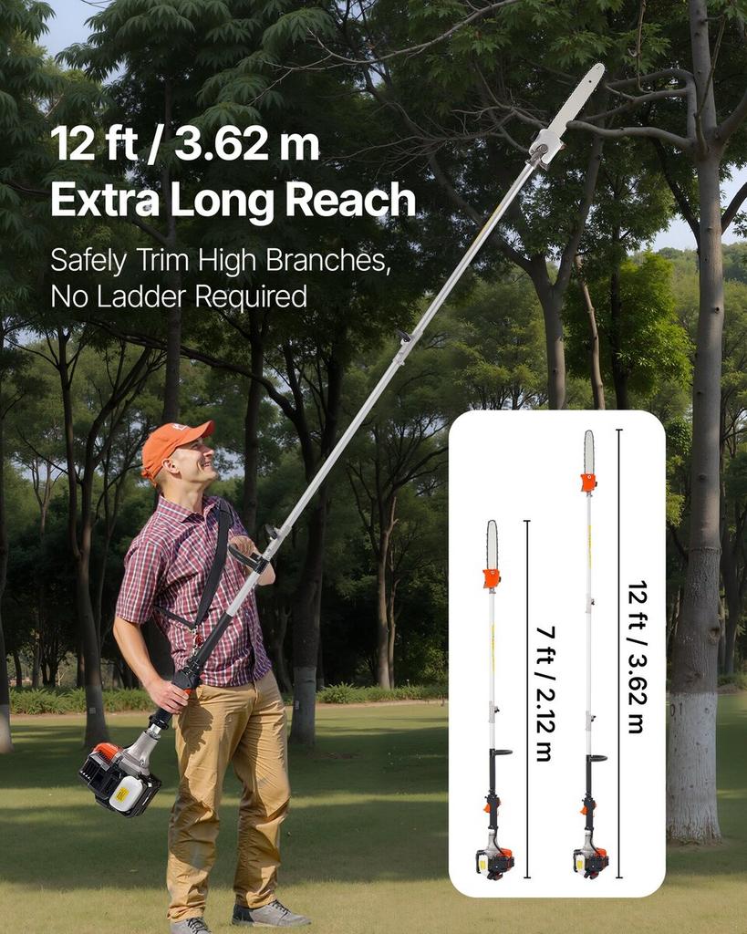 Gas Pole Saw, 25CC 2 Stroke Gas Powered Pole Saws with 30.5 Cm Cutting Bar, Cordless Tree Trimmer with 650ml Fuel Tank, 2.12 To 3.62 M Extendable,