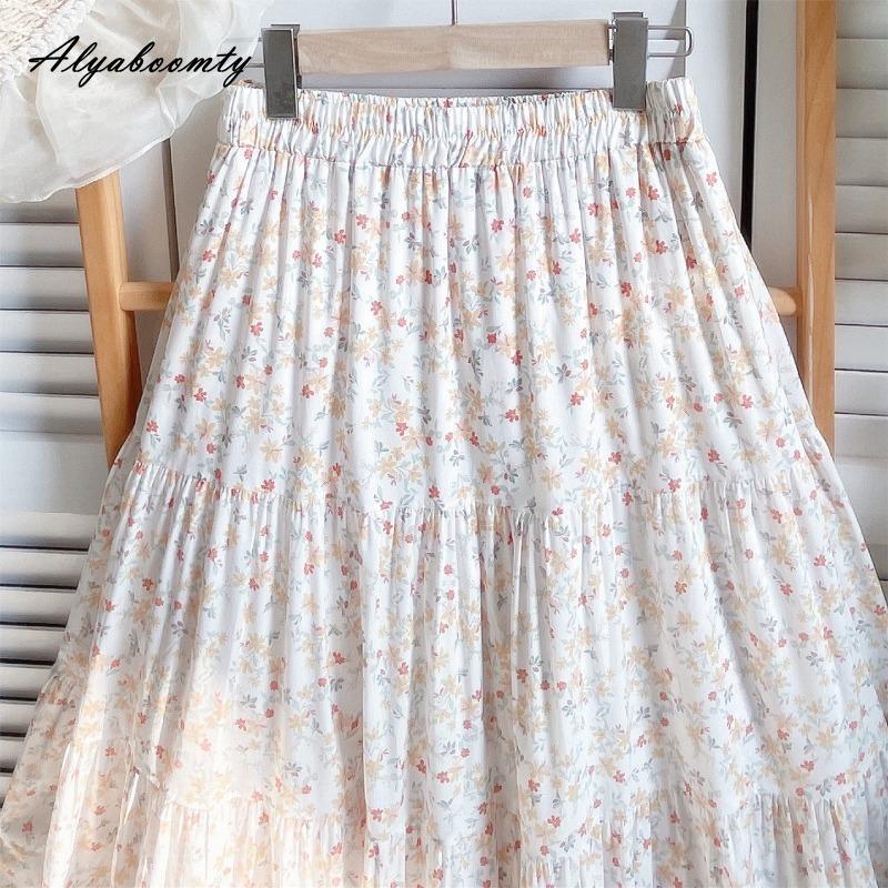 Prairie Chic Spring Summer Women A-Line Skirt Elastic Waist Floral Print Colorful Skirts Womens Fresh Cotton Vintage Basic Skirt
