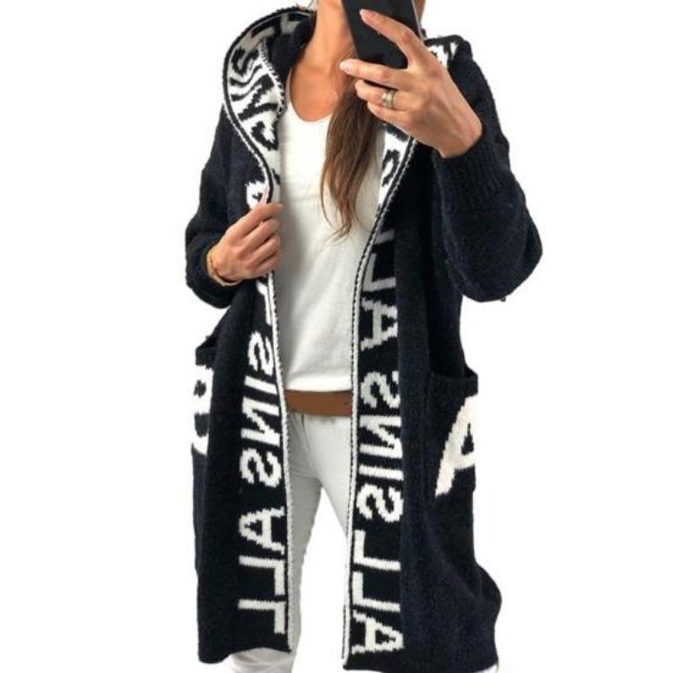 Cappotto Invernale da Donna Maglione Lungo con Cappuccio Autunno Spesso Caldo Lavorato a Maglia Lunghezza Media Ampio Chiusura con Zip Tasche Fantasia Lettere