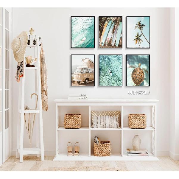 EVPYXFUT Set of 6 Tropical Beach Canvas Wall Art Surf Poster Summer Ocean Coastal Pictures Turtle Print Palm Tree Surfboard Gallery Paintings