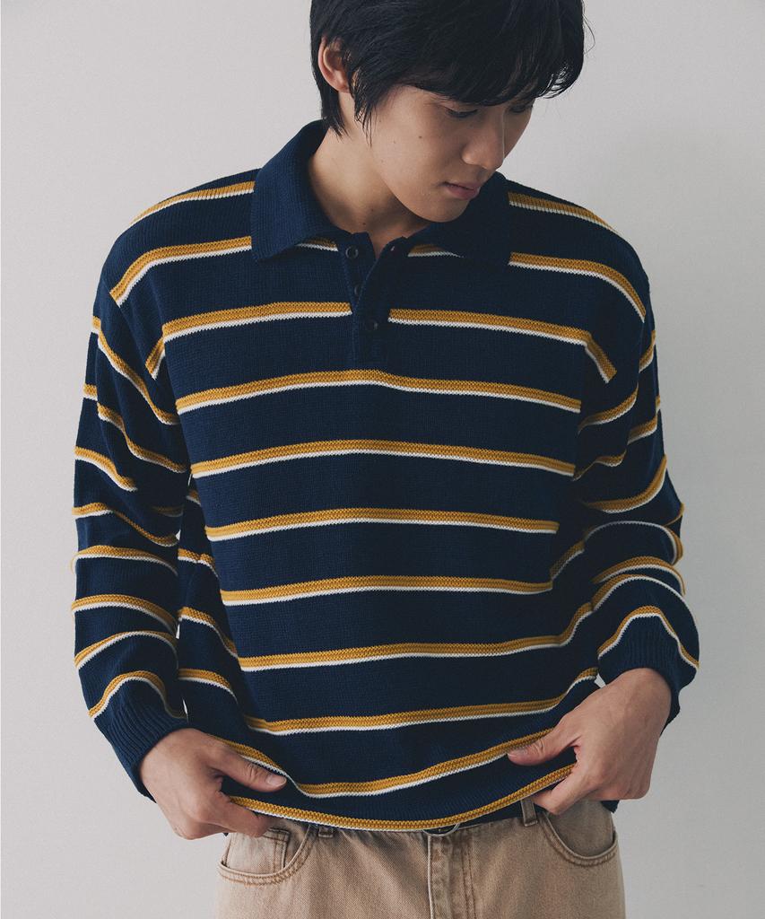 NODU Multi-Color Block Collared Stripe Knit T-Shirt [Navy]