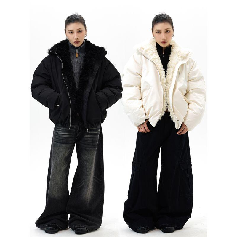 Kisko Winter American-Style Mountain Carving Fur Collar Warm Oversized Cotton Jacket for Men and Women, High-End Casual Coat, Couple's Trendy Style