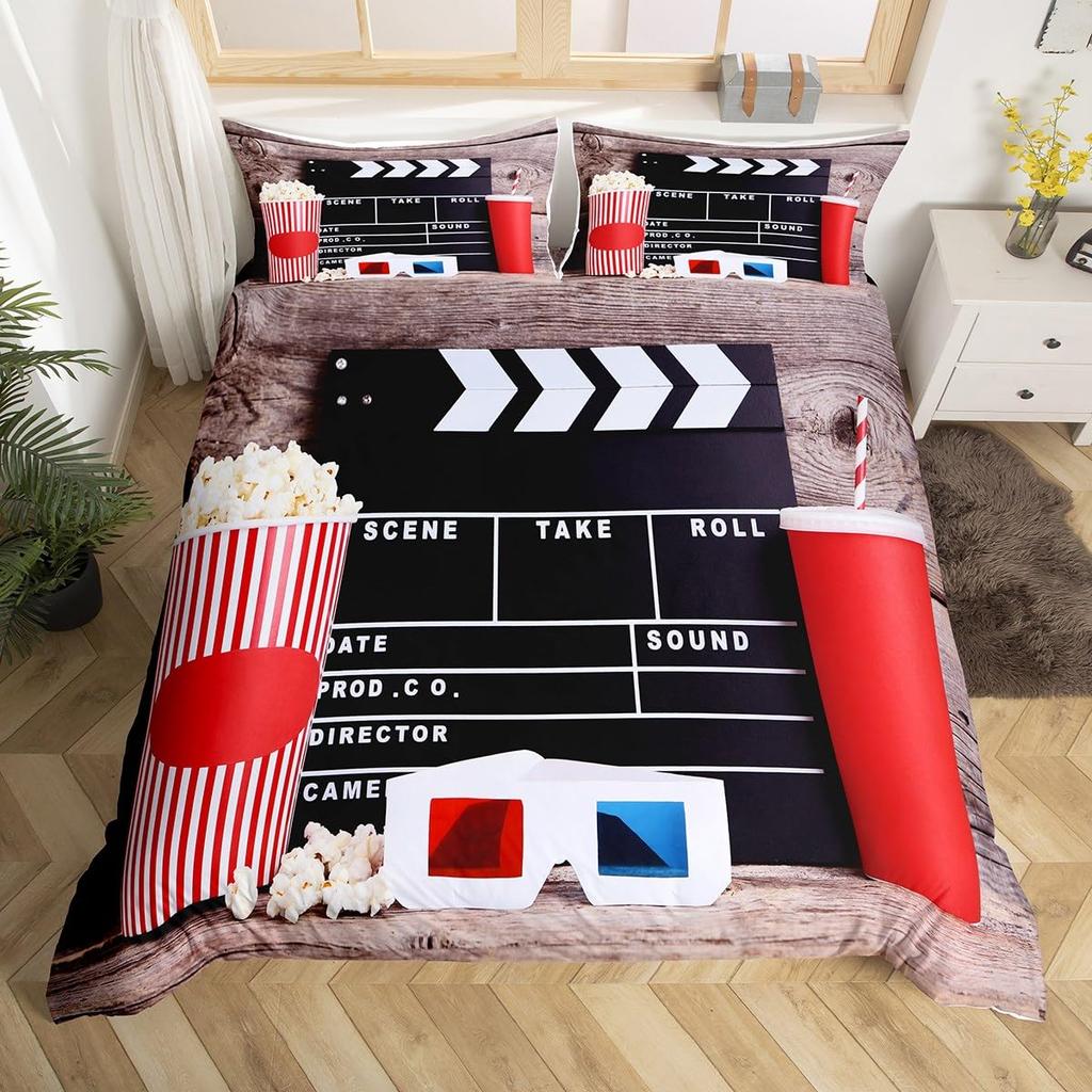 Movie Theme Duvet Cover Movie Theater Decor Bedding Set Full King Vintage Cinema Ticket Clapboard Popcorn Print Comforter Cover