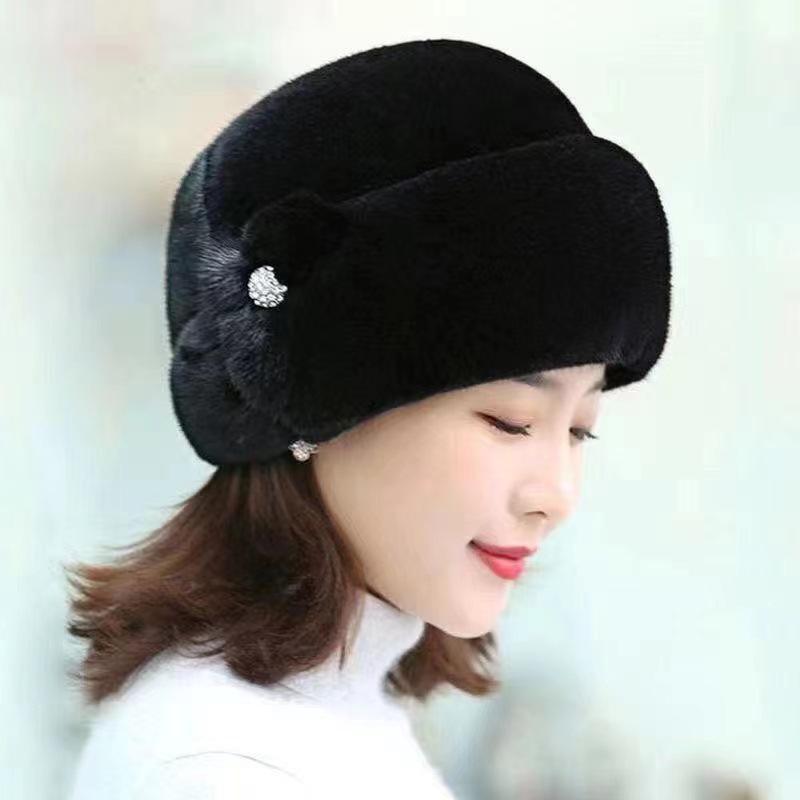 Women's Winter Fashion Imitation Mink Fur Hat with Leather for Middle-Aged and Elderly