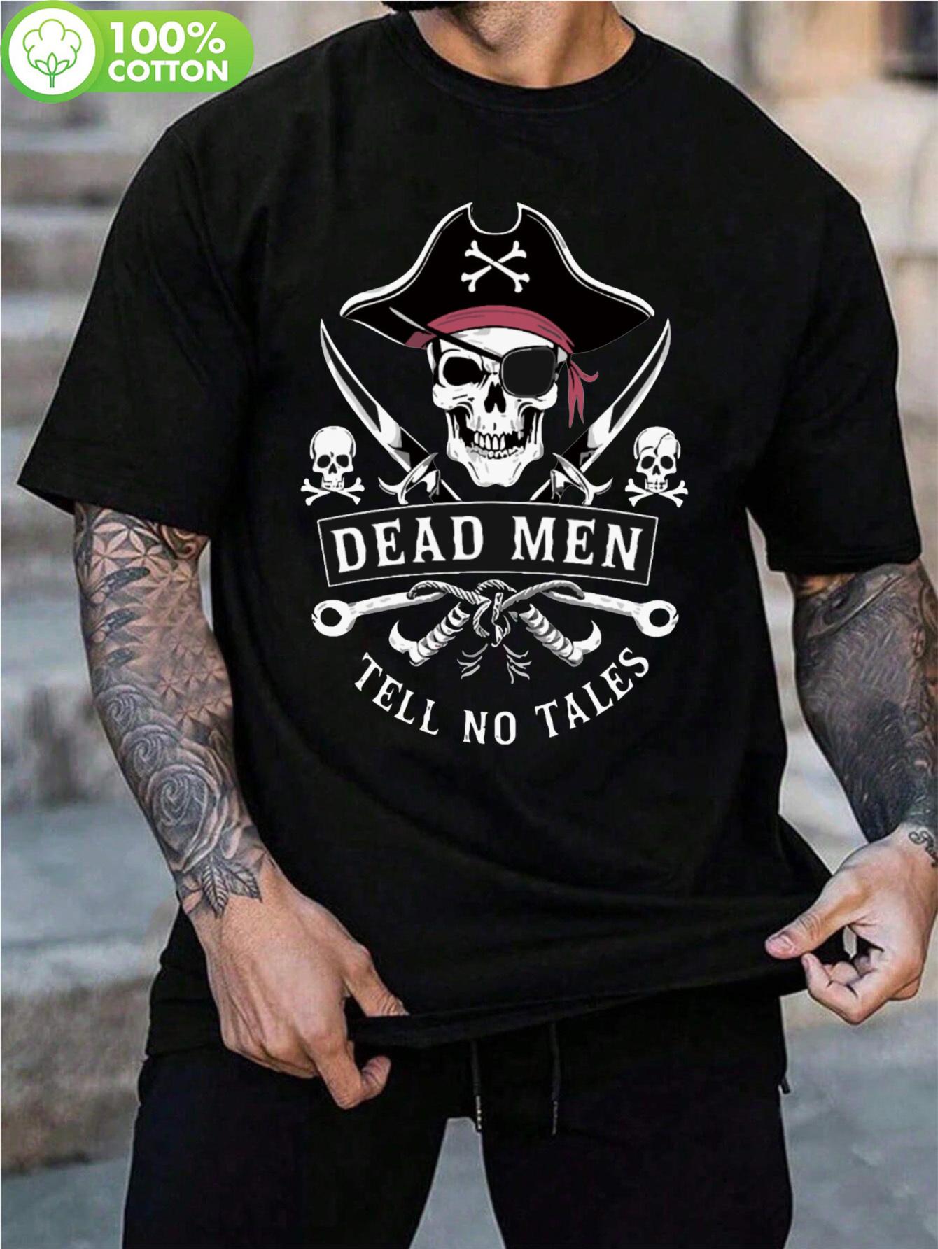 1pc Pirate Skull Graphic Tshirt - Black Crew Neck 100% Co... L
