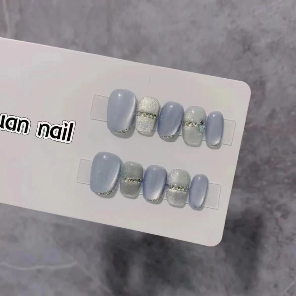 Pure Hand-made Phototherapy Nail Art Summer Ice Blue Wearable Nail Finished Product Reused Nail Art Patch To Show Whiteness