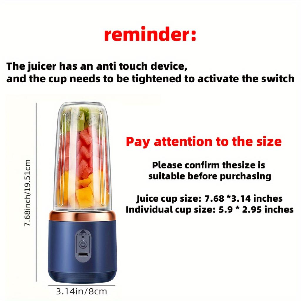 400ml Portable Electric Juicer Blender Cup, Wireless Rechargeable Mini Juice Mixer with 6-Blade Dual Cup for Smoothies, Vegetables, and Fruits