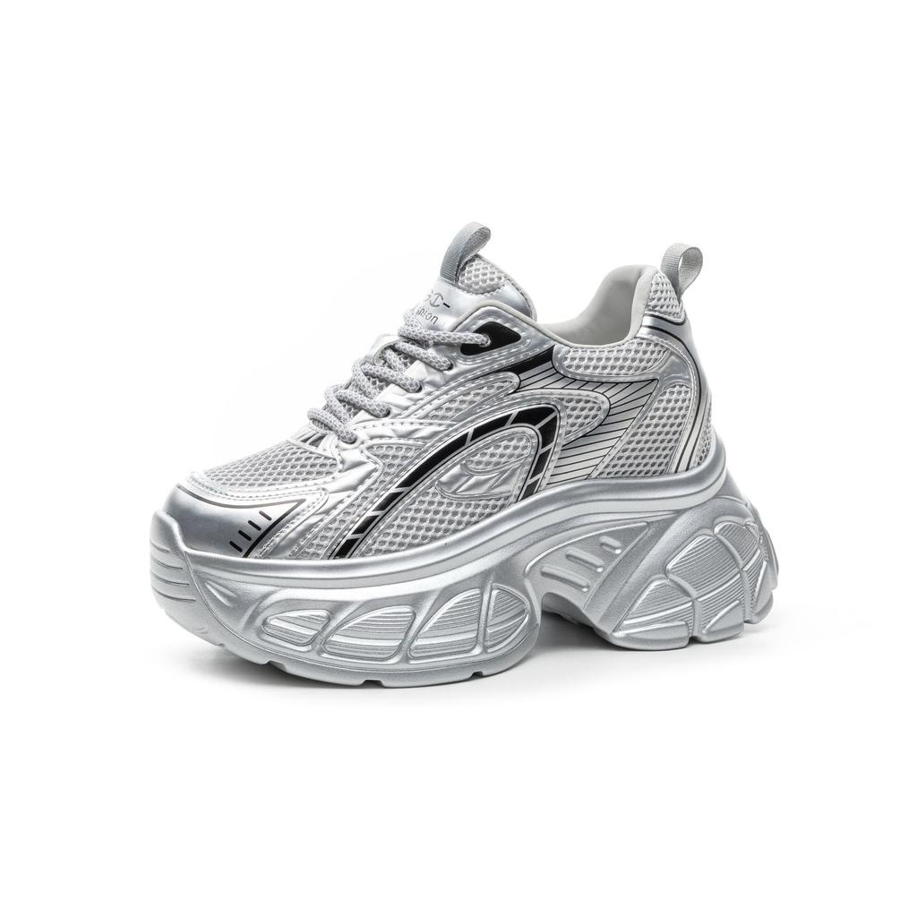 Leather dad shoes women's summer new versatile silver thick-soled inner height-increasing mesh breathable sports and leisure shoes