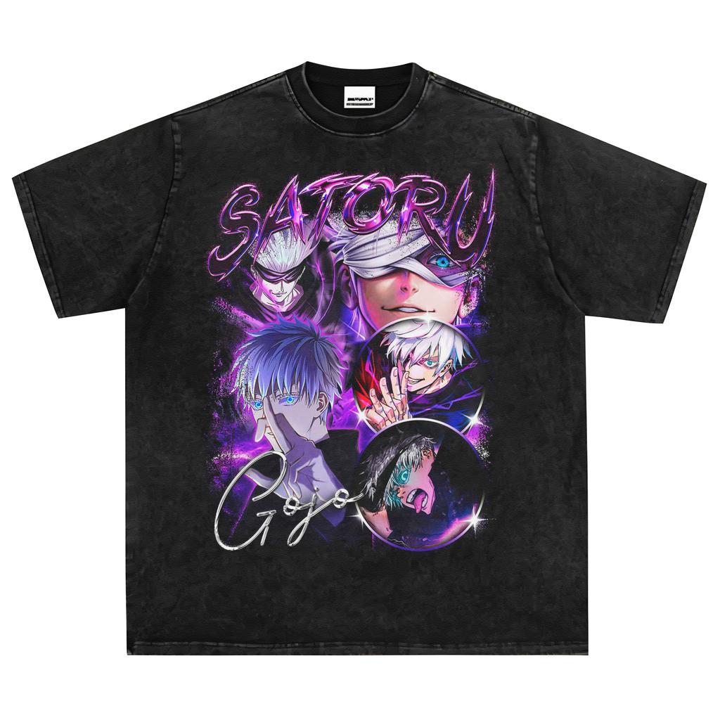 Hot Anime Jujutsu Kaisen Gojo Satoru Cool Print T Shirt Men Casual Loose Tshirts Vintage Washed Tee Harajuku Male Cotton T-shirt