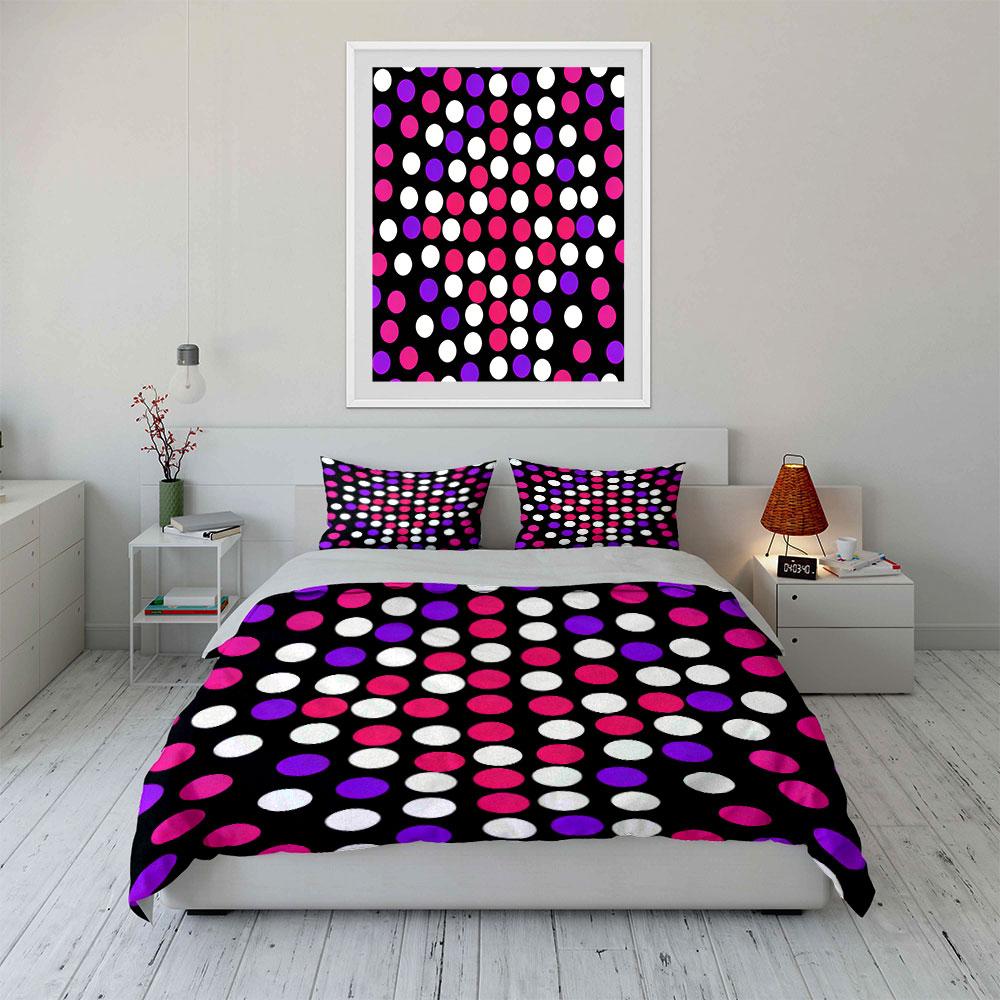 3Pcs Hot Pink White Regular Polka Dot Bedding Set,Black Base Classic Check Dot Print Duvet Cover 2 Pillowcases King Queen,Gift