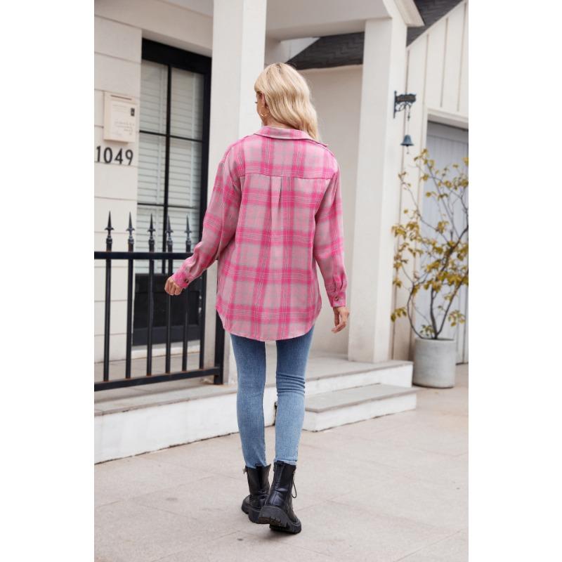 YYFS Women's Fashion Casual Spring Fall Plaid Print Long Sleeve POLO Neck Blouses & Shirts