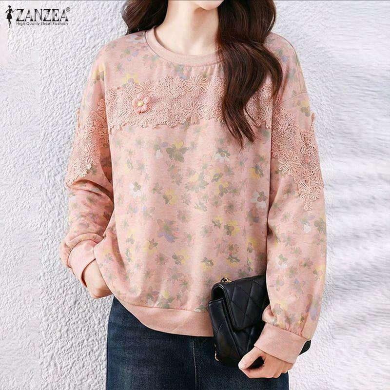 ZANZEA Women Round Neck Long Sleeve Lace Patchwork Floral Print Tee Tops