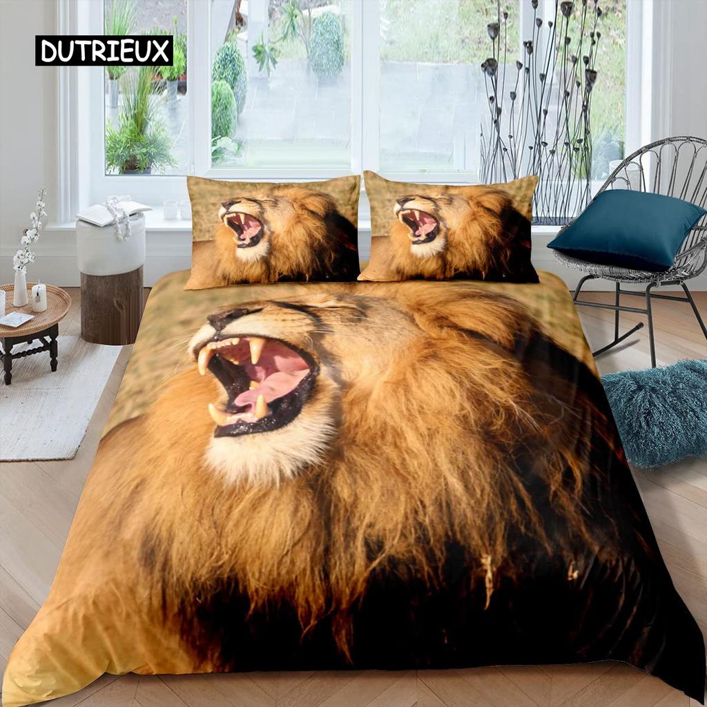Lejon Påslakanset King Size Afrika Vilda Djur Storkatt Sängkläder Gyllene Lejon Vilar 2/3 Delar Barn Djur Enkelt Täcke Överdrag