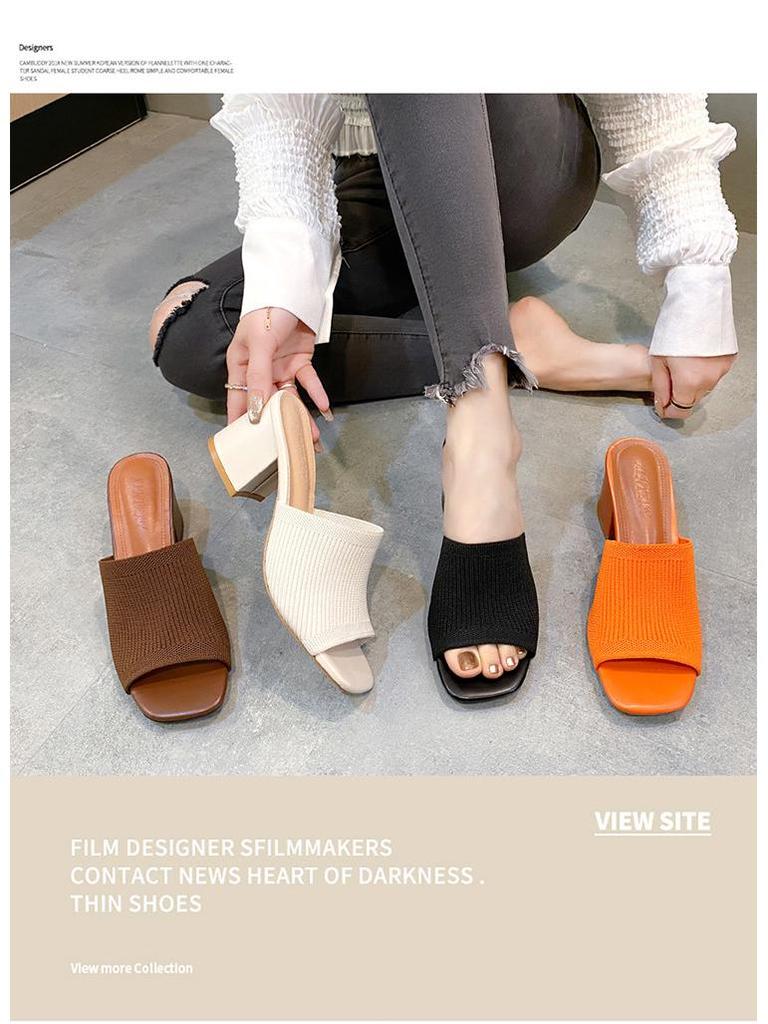 2024 Women's Fashion Chunky Heel Knit Wool Square Toe Sandals & Slippers