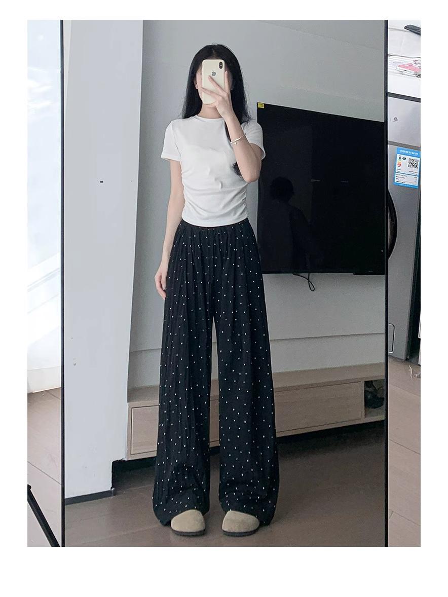 

150cm Women s High Waist White Polka Dot Wide-Leg Pants - Summer Ice Silk Yamamoto Style for Petite XL (116-125 kg recommended)