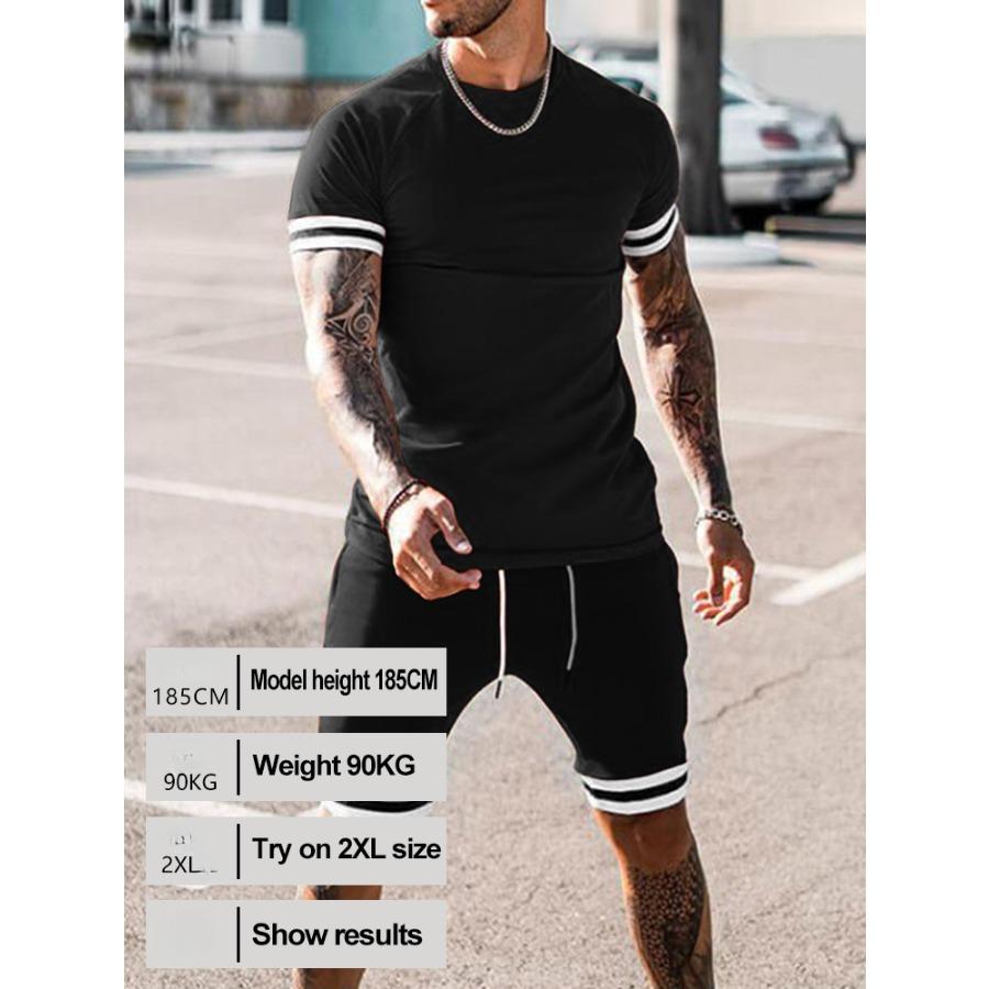 7 Colors Striped Patchwork Hem Woven Short Sleeve T Shirt Sets Men Summer Two Pieces Short Pants Suits Sportwear