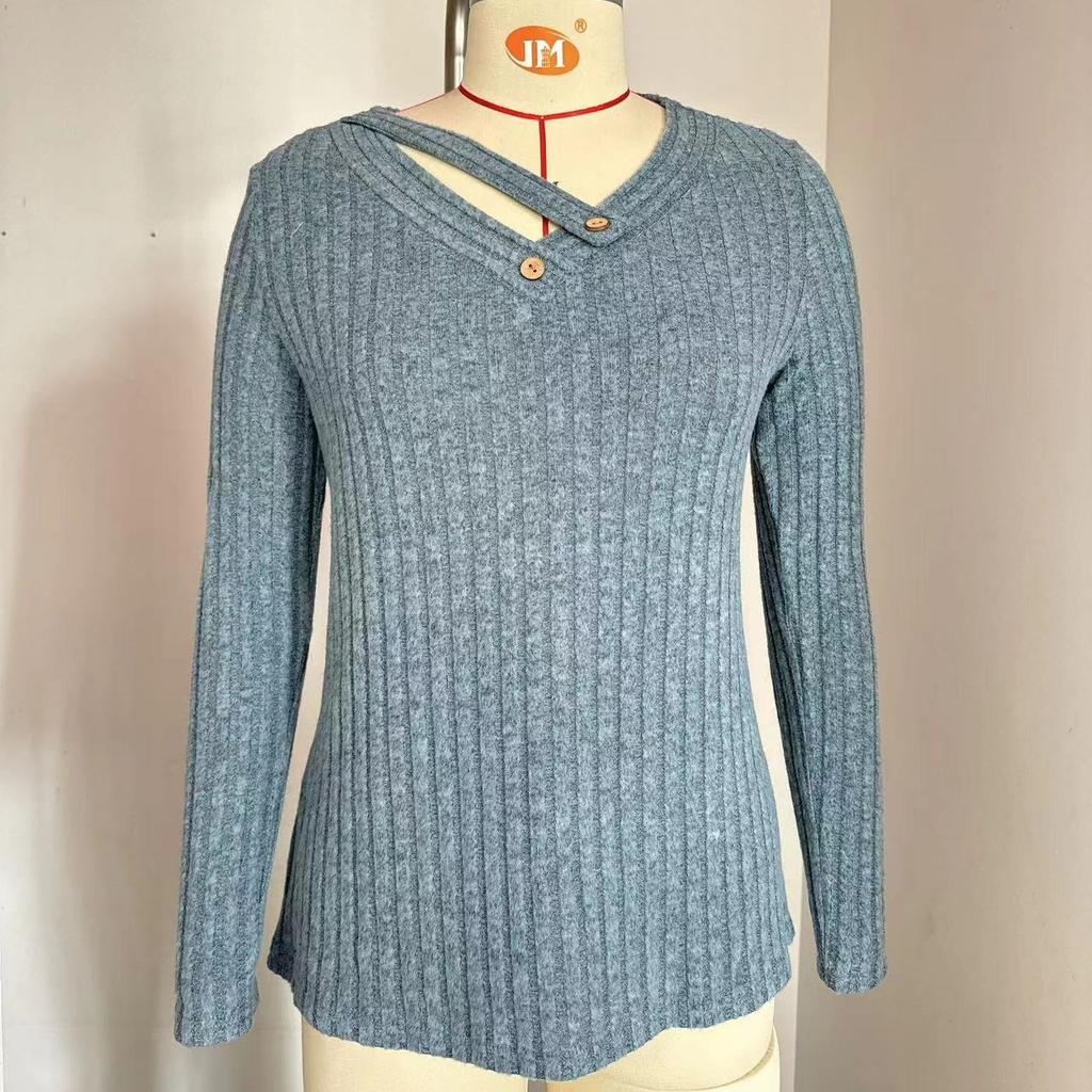Autumn and Winter Loose Casual V-neck Button Up Top with Pit Stripe Women's T-shirts