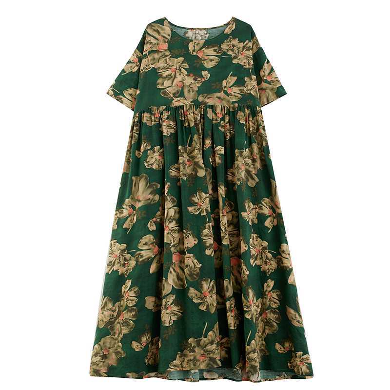 Simple Bohemian Print Dress Short Sleeve Round Neck Summer New Style Elegant Feel Long Dresses Women's Clothing