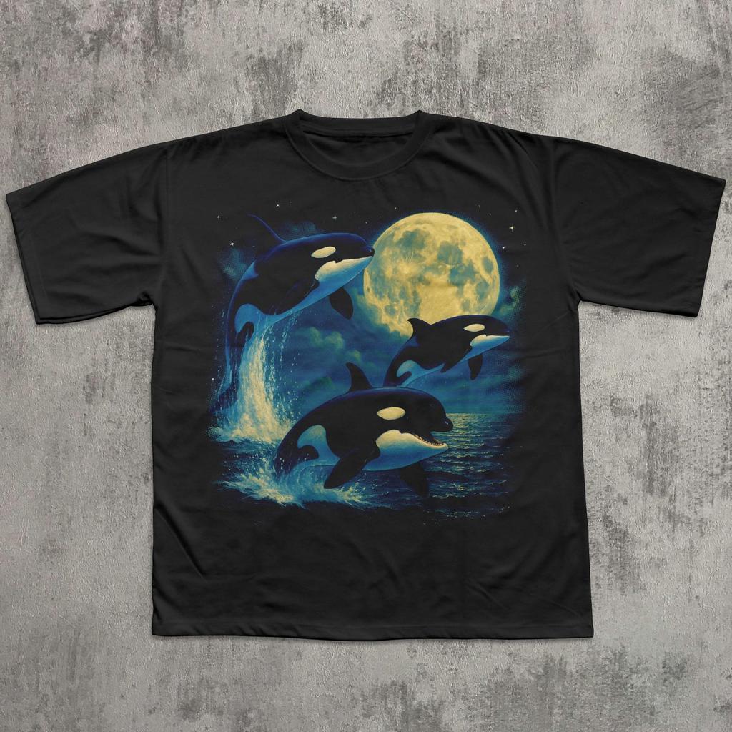 90s Retro Orcas Vintage Graphic Tee Shirt, Sea Animal Moon Midnight T shirt, Ocean Nature Shirt, Sealife, Ocean, Whale, Orca, Dolphin Shirt