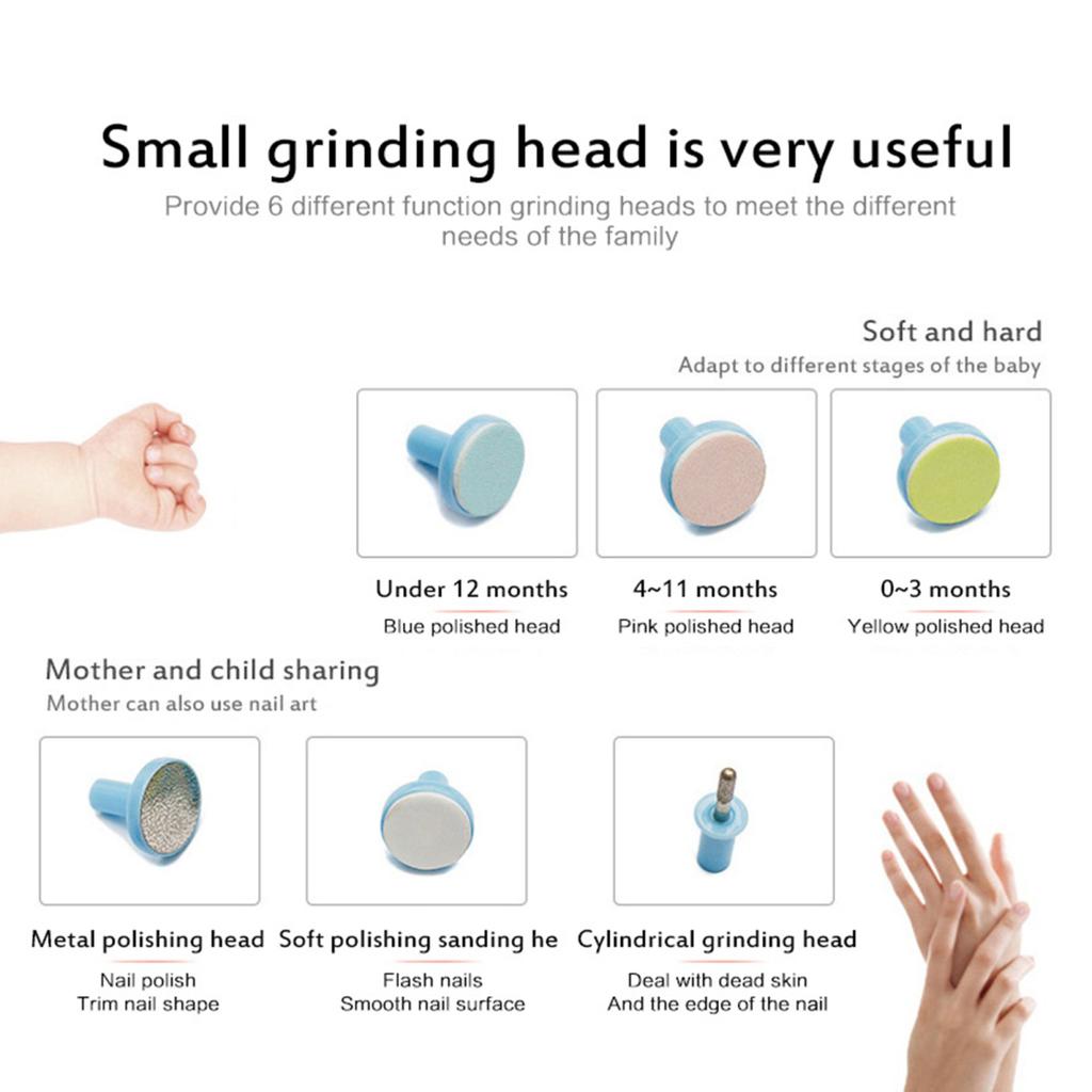 Electric Baby Nail Trimmer with 6 Grinding Heads Newborn Infant Nail File Clipper with Light Toddlers Manicure Toes Fingernails Care Trimming Tools