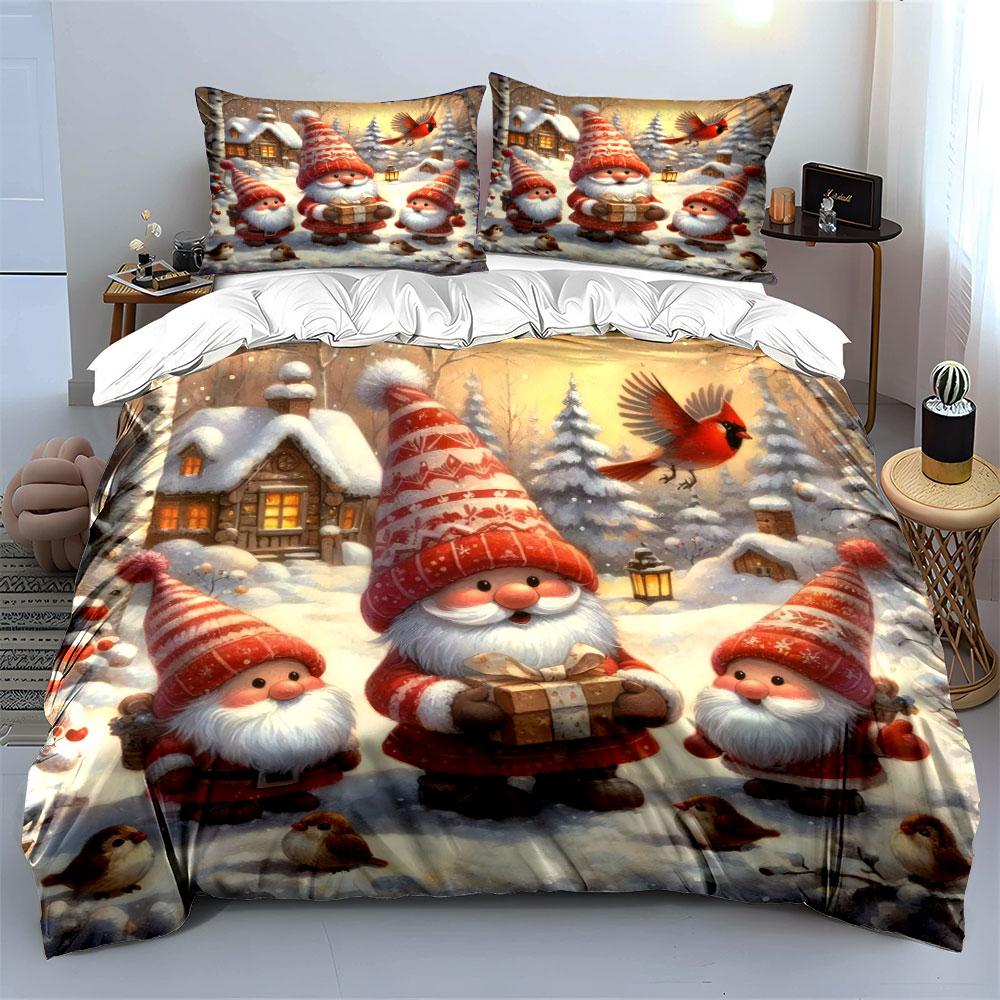 Christmas Gnomes In Snowy Scene Bedding Duvet Cover Set (1*Duvet Cover 2*Pillowcases, Without Duvet Insert)