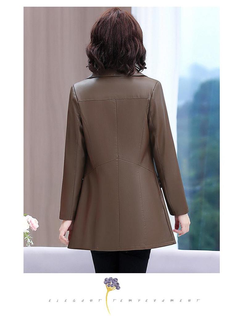 Trench-coat mi-long en cuir PU style coréen pour maman: Minceur, Haut de Gamme, Mode Décontractée pour le Printemps et l'Automne.