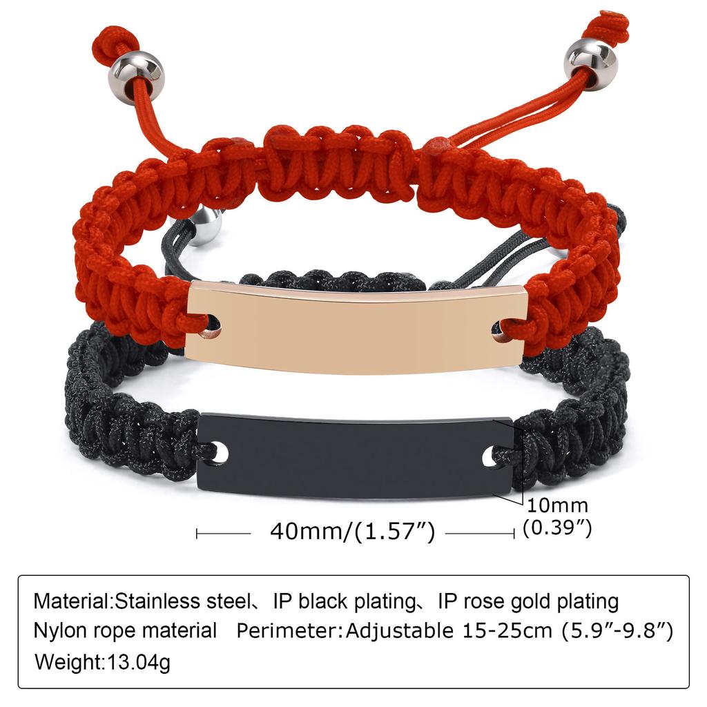 Free Engraving Custom Name Date Couple ID Bracelet for Women Men, Adjustable Handmade Braided Rope Chain Wristband Lover Gifts