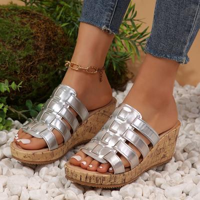 Damskie sandały na koturnie z grubą podeszwą Plus Size Summer New Solid Color Woven Roman Beach Sandały dla kobiet Sandalia Feminina