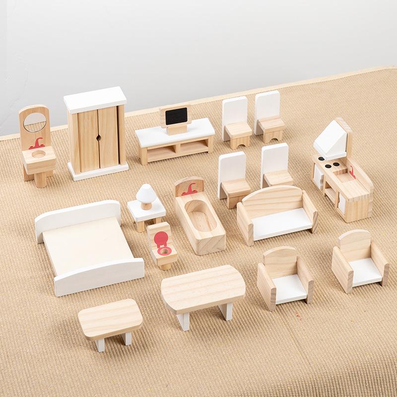 Wooden children's solid wood simulation play house Danish small furniture set, girl doll role-playing puzzle play