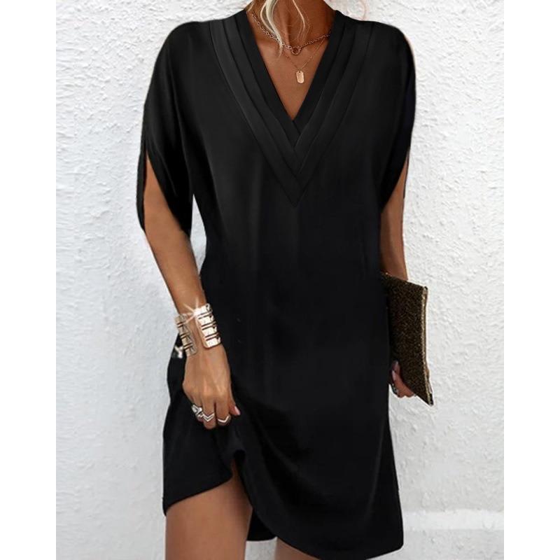 QICED Abiti casual da donna a maniche corte con scollo a V, tinta unita o stampati, per estate e primavera