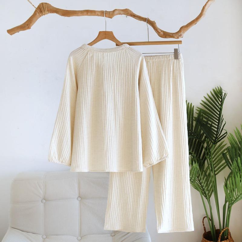 2026 Neues Damen Frühjahr/Sommer Pyjama-Set 100% Baumwolle Hanf Spitzenkragen Reine Baumwolle Langarmhose Hauskleidung Nachtwäsche